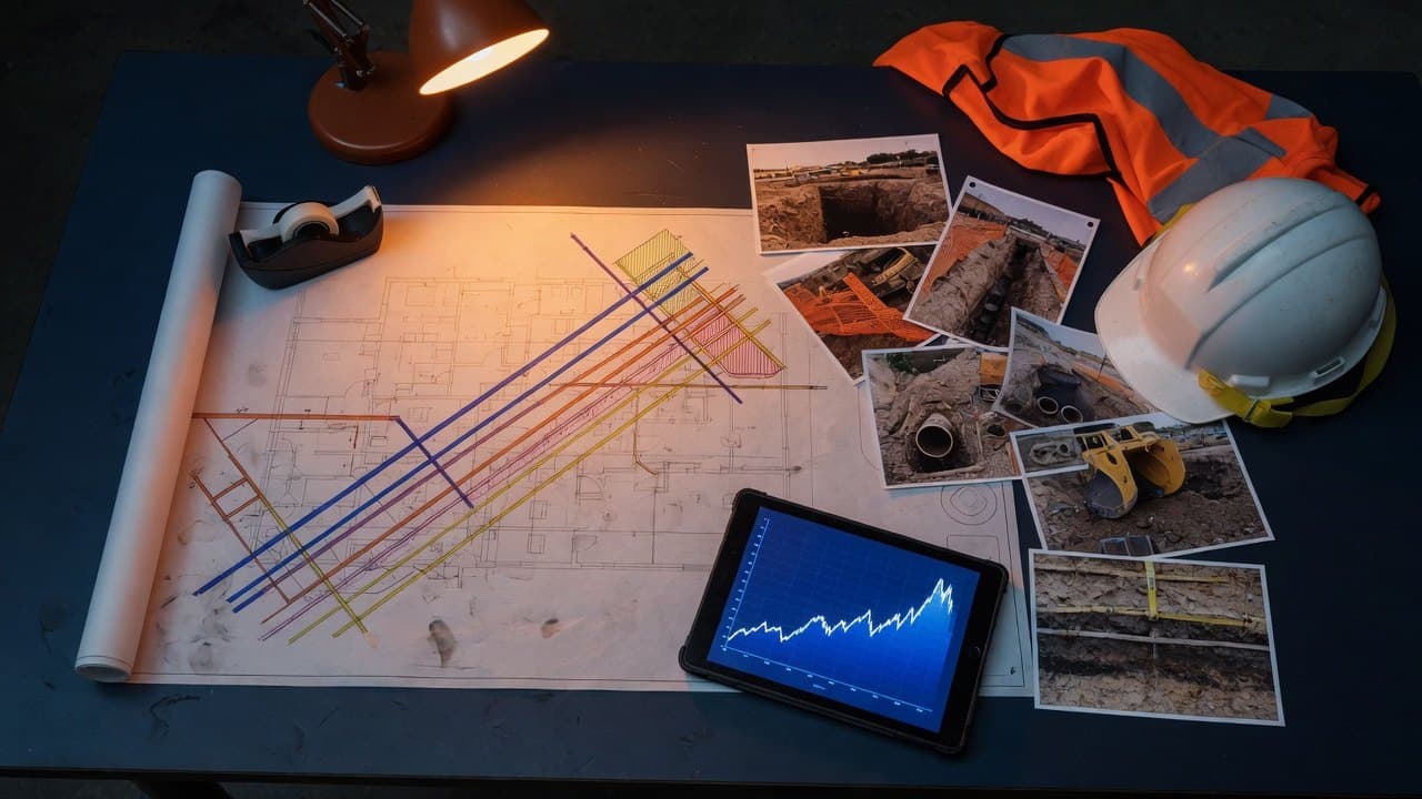 An investigator's desk at night: a utility plan, site photographs, a tablet showing a chart, a hi-viz vest and a hard hat
